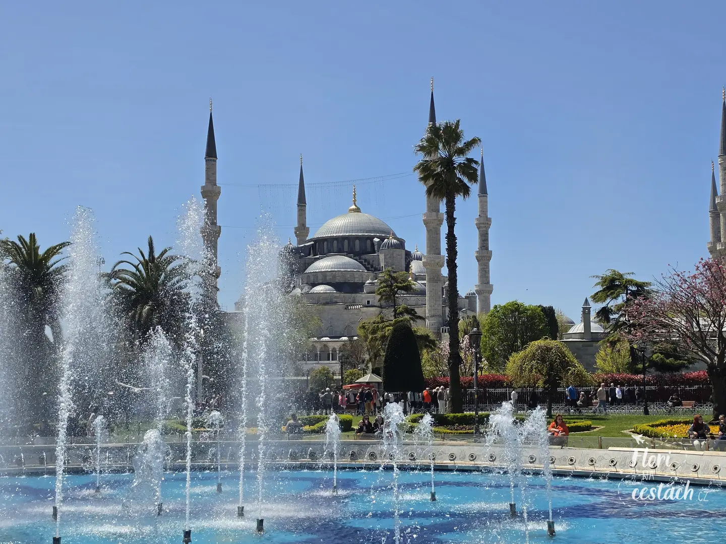 Ikonický pohled na historickou Modrou mešitu v Istanbulu pod jasnou oblohou přes triskající fontánu.