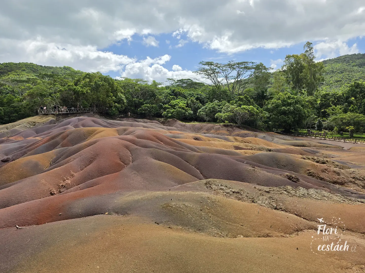 Zvlněné vulkanické duny geoparku Sedmibarevná země neboli 7 Colored Earth v oblasti Chamarel na Mauriciu