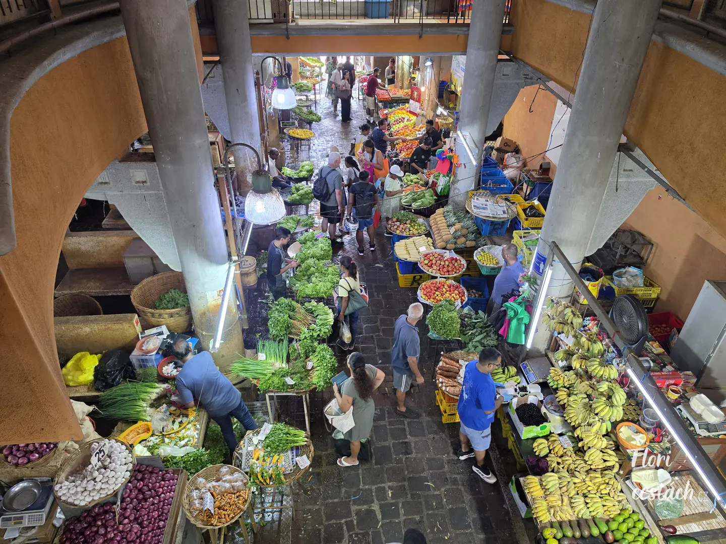 Pohled z nadhledu na stánky s ovocem, zeleninou a banány na centrálním tržišti Central Market v Port Louis na Mauriciu